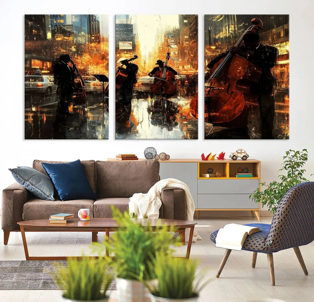 Living room adorned with African American Abstract Jazz Wall Art - Framed Art for Living Room Walls.