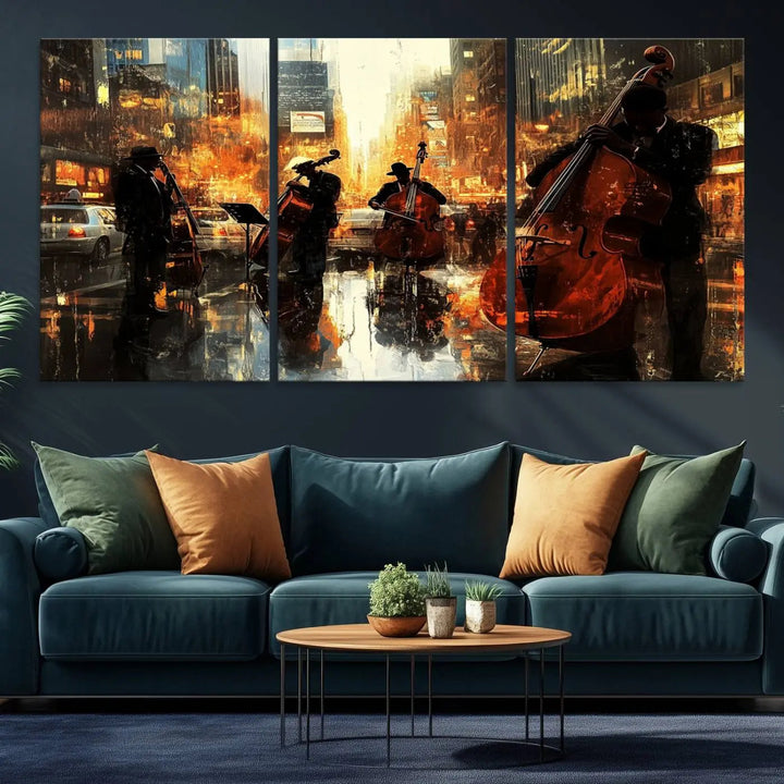 Living room adorned with African American Abstract Jazz Wall Art - Framed Art for Living Room Walls.