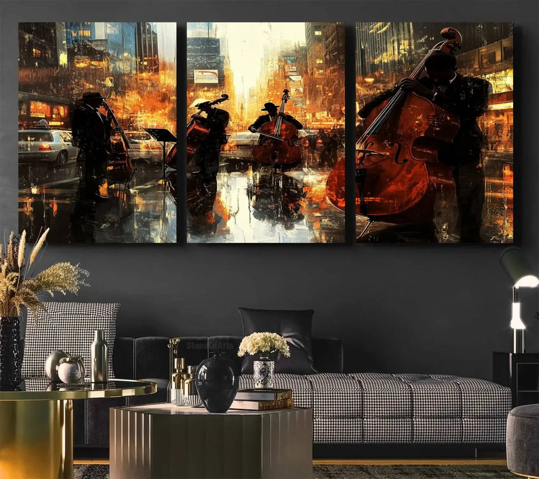 Living room adorned with African American Abstract Jazz Wall Art - Framed Art for Living Room Walls.