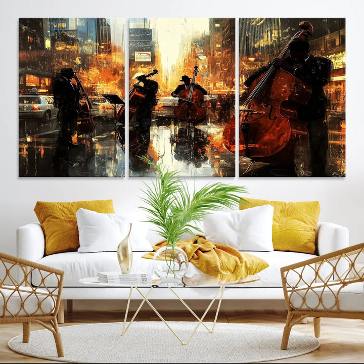 Living room adorned with African American Abstract Jazz Wall Art - Framed Art for Living Room Walls.