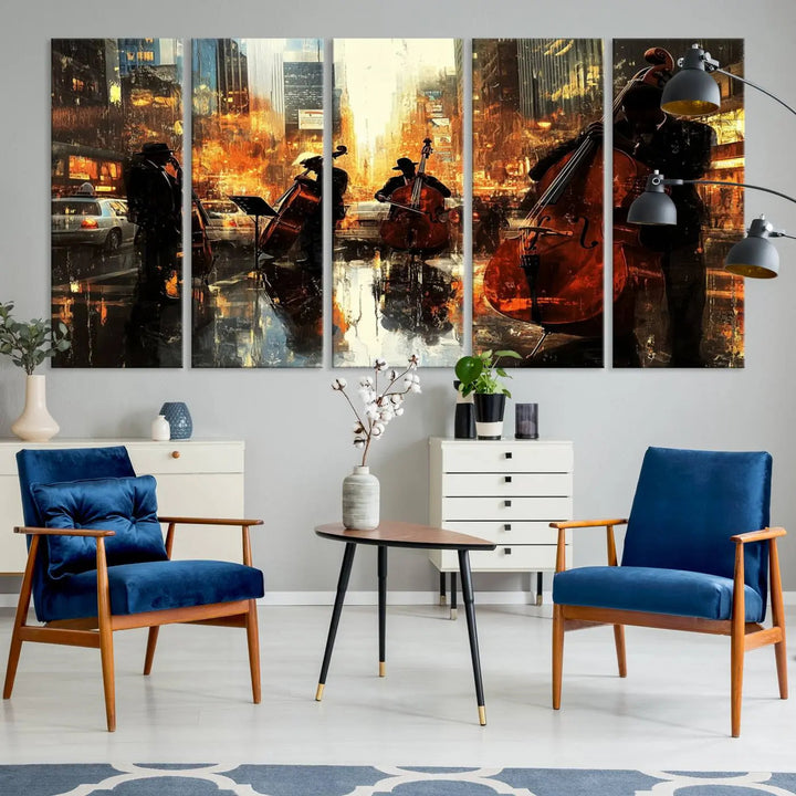 Living room adorned with African American Abstract Jazz Wall Art - Framed Art for Living Room Walls.