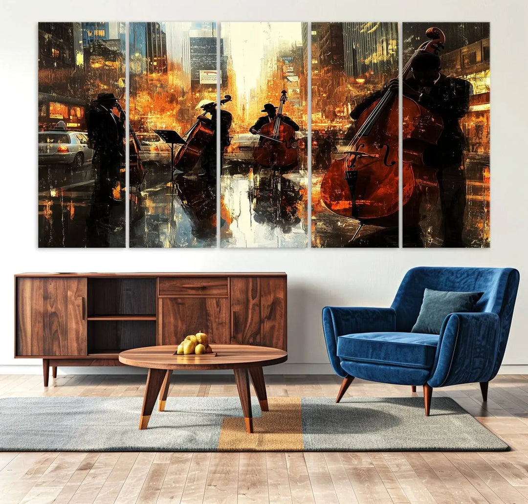 Living room adorned with African American Abstract Jazz Wall Art - Framed Art for Living Room Walls.