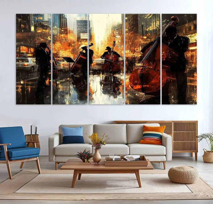 Living room adorned with African American Abstract Jazz Wall Art - Framed Art for Living Room Walls.