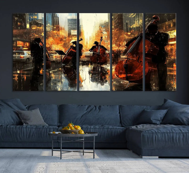 Living room adorned with African American Abstract Jazz Wall Art - Framed Art for Living Room Walls.