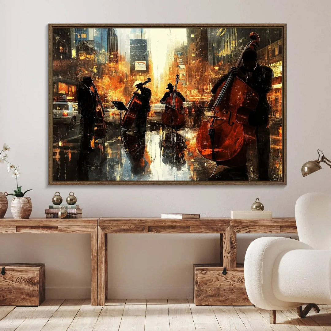 Living room adorned with African American Abstract Jazz Wall Art - Framed Art for Living Room Walls.