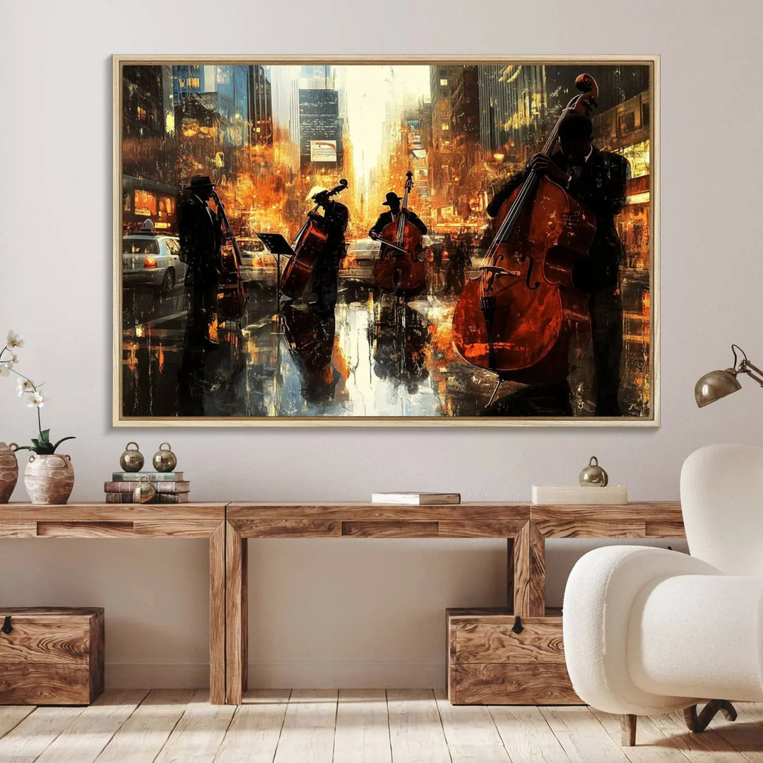 Living room adorned with African American Abstract Jazz Wall Art - Framed Art for Living Room Walls.