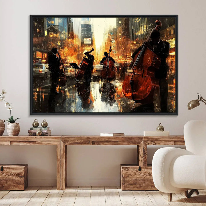 Living room adorned with African American Abstract Jazz Wall Art - Framed Art for Living Room Walls.