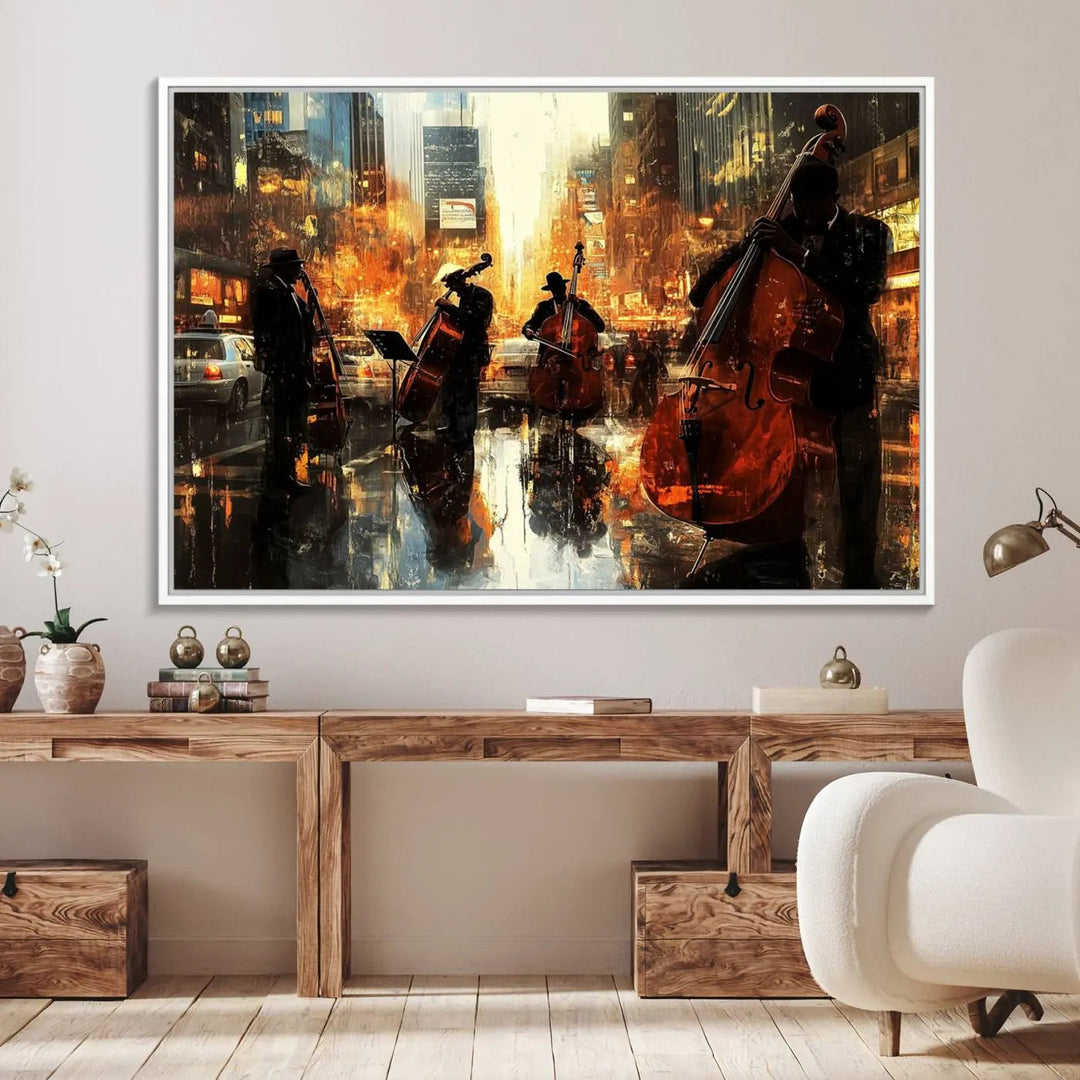 Living room adorned with African American Abstract Jazz Wall Art - Framed Art for Living Room Walls.