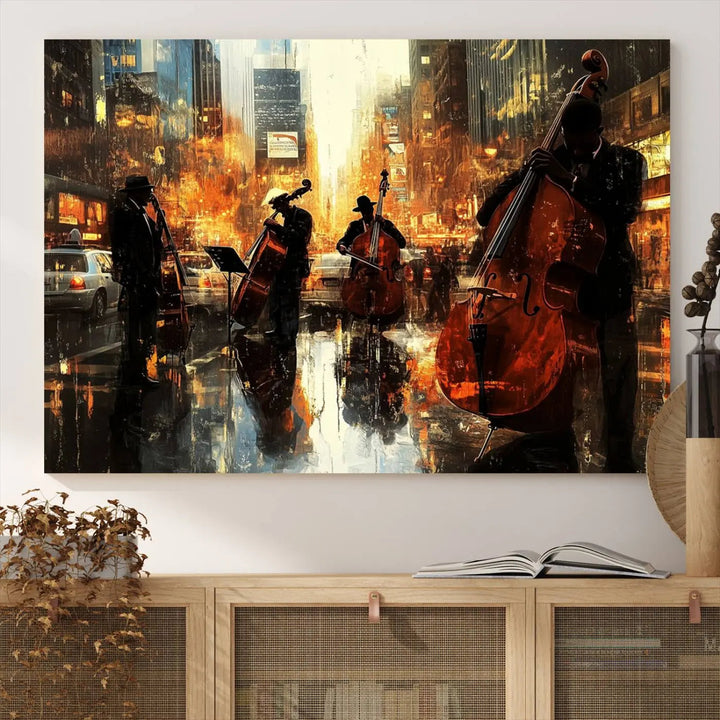 Living room adorned with African American Abstract Jazz Wall Art - Framed Art for Living Room Walls.