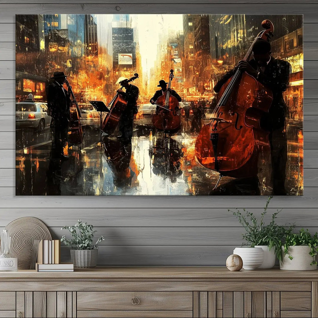 Living room adorned with African American Abstract Jazz Wall Art - Framed Art for Living Room Walls.