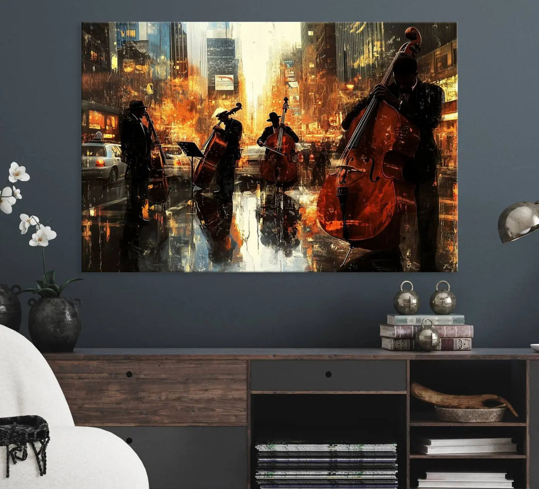 Living room adorned with African American Abstract Jazz Wall Art - Framed Art for Living Room Walls.