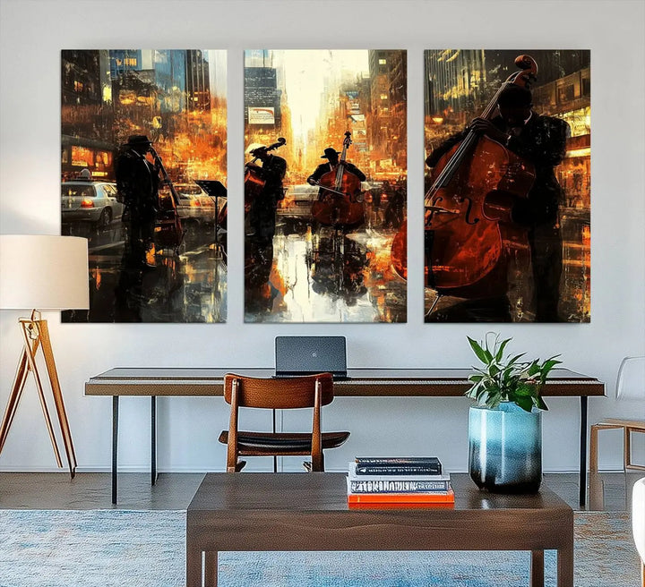 Living room adorned with African American Abstract Jazz Wall Art - Framed Art for Living Room Walls.