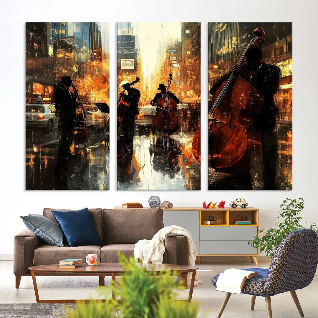 Living room adorned with African American Abstract Jazz Wall Art - Framed Art for Living Room Walls.