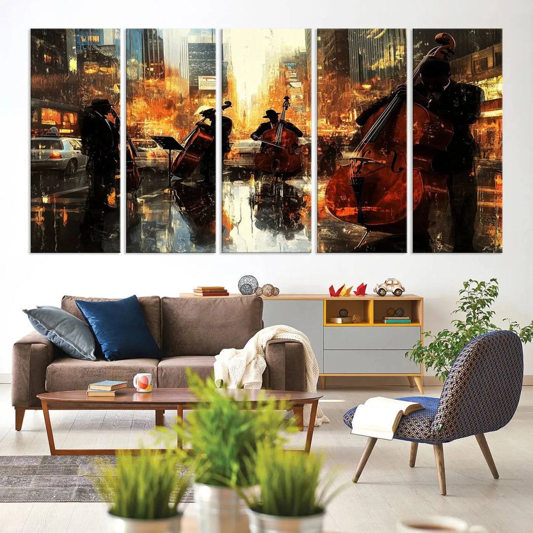 Living room adorned with African American Abstract Jazz Wall Art - Framed Art for Living Room Walls.