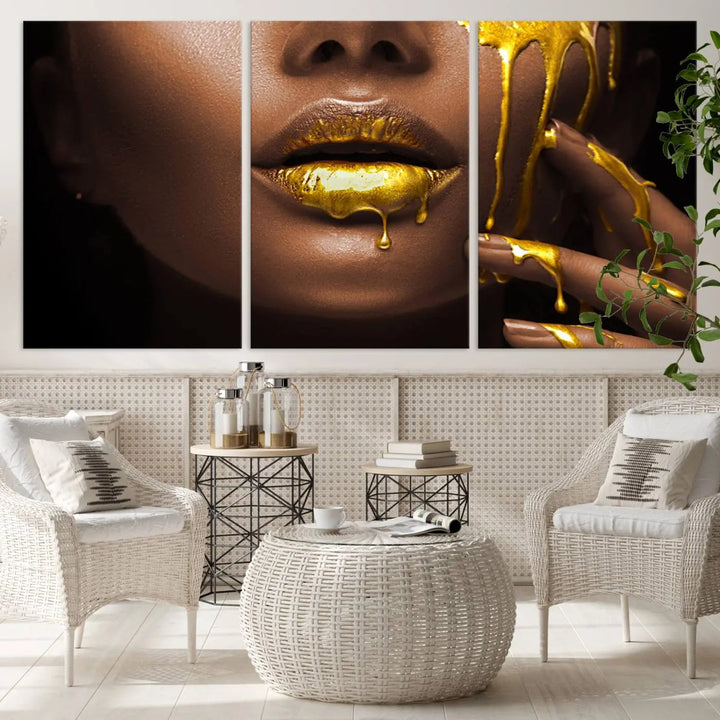 A triptych art display of the African American Art Black Woman Canvas Print, featuring gold-painted lips inspired by fashion and luxury, is elegantly arranged.