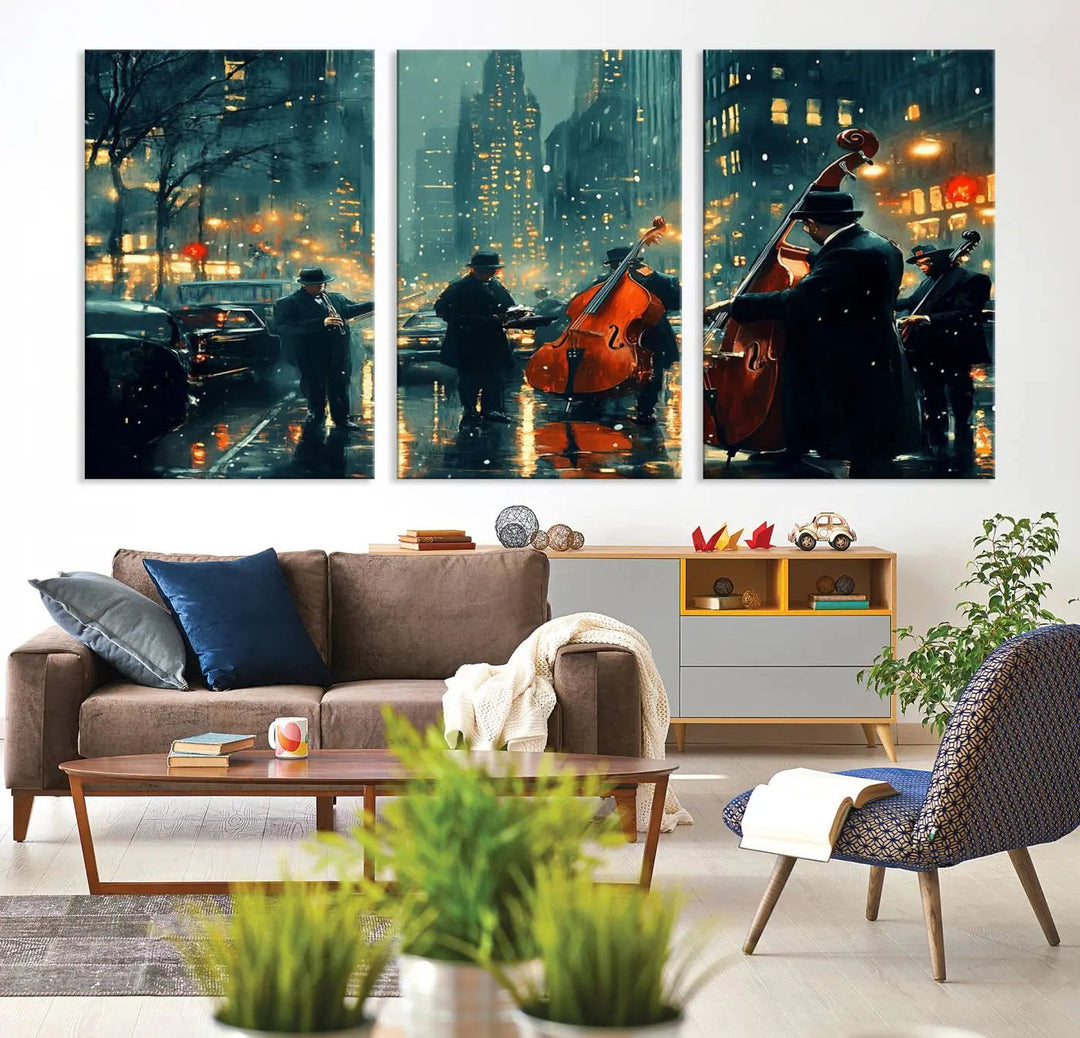 The African American Jazz Art Print portrays street musicians playing in the rain at night.