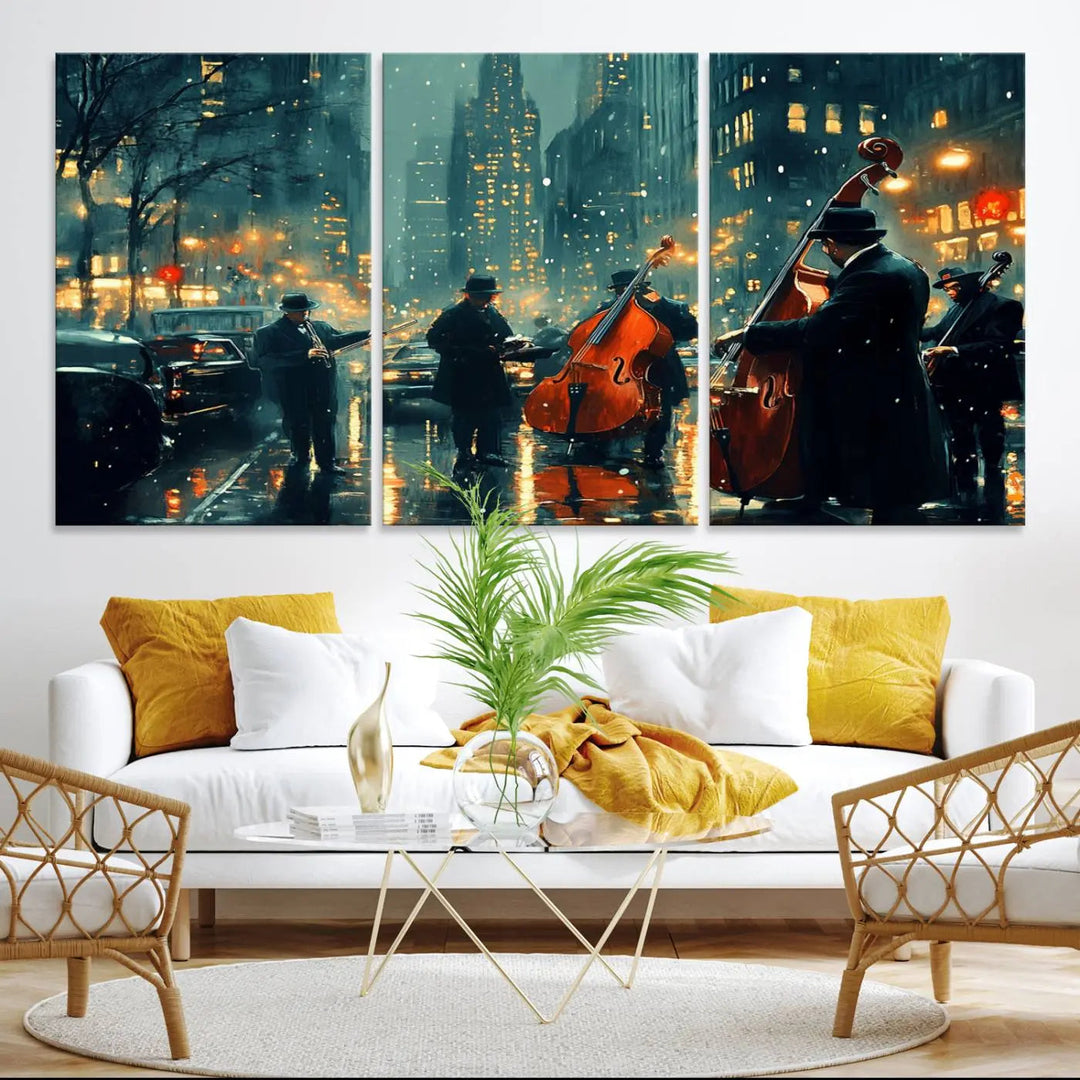 The African American Jazz Art Print portrays street musicians playing in the rain at night.