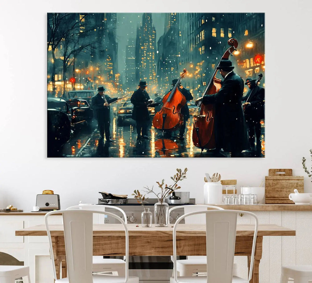 The African American Jazz Art Print portrays street musicians playing in the rain at night.