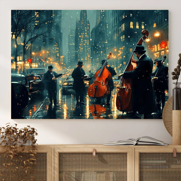 The African American Jazz Art Print portrays street musicians playing in the rain at night.