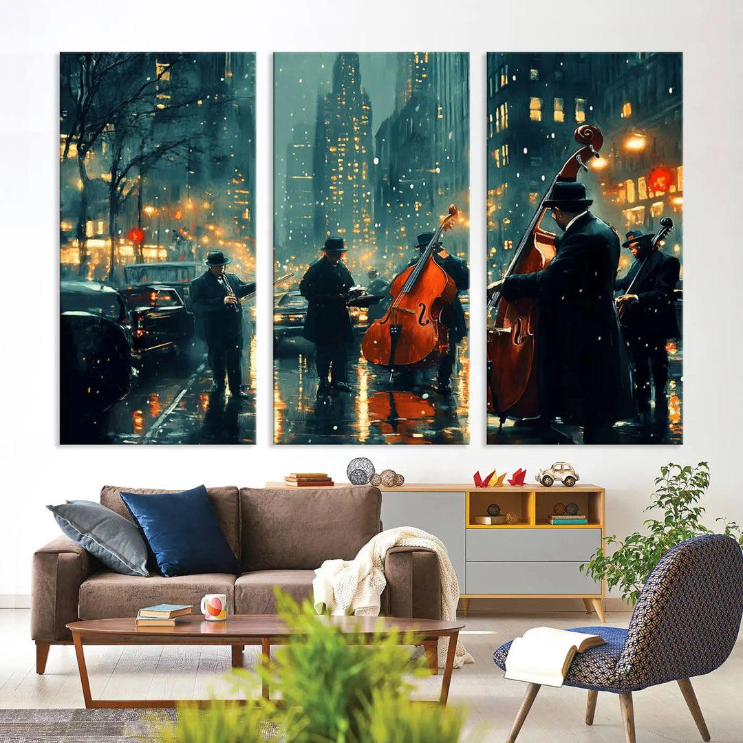 The African American Jazz Art Print portrays street musicians playing in the rain at night.