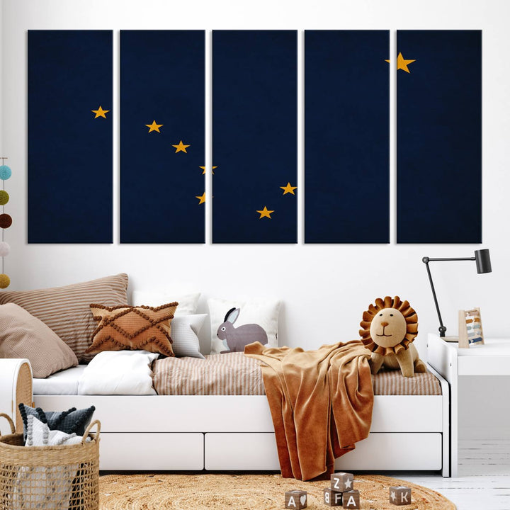 A contemporary living room featuring a triptych artwork of stars on a navy background, accentuated by the striking Alaska States Flag Wall Art Canvas Print.