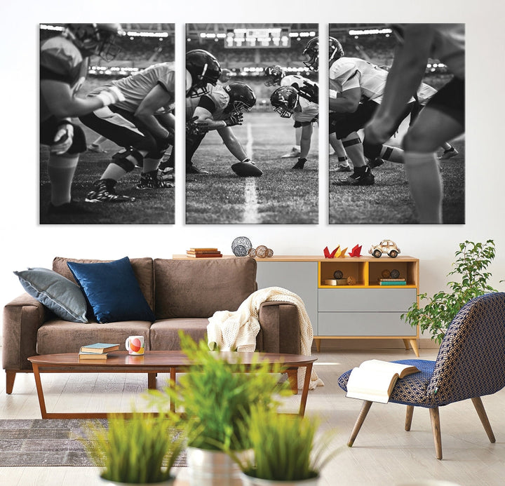 The "American Football Match Wall Art Canvas Print," featuring a black and white photo of a football game, is displayed as a triptych. This artwork is printed on museum-quality canvases and protected with a UV-coating.