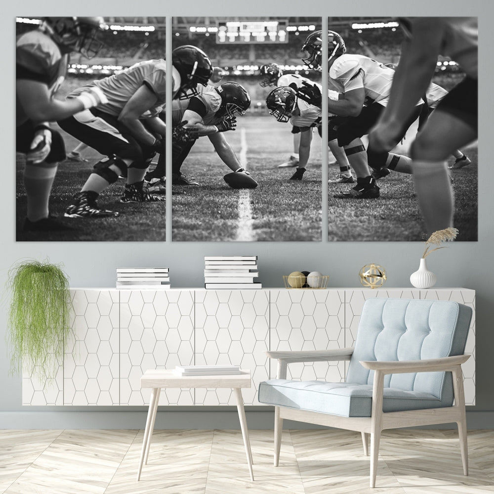 The "American Football Match Wall Art Canvas Print," featuring a black and white photo of a football game, is displayed as a triptych. This artwork is printed on museum-quality canvases and protected with a UV-coating.