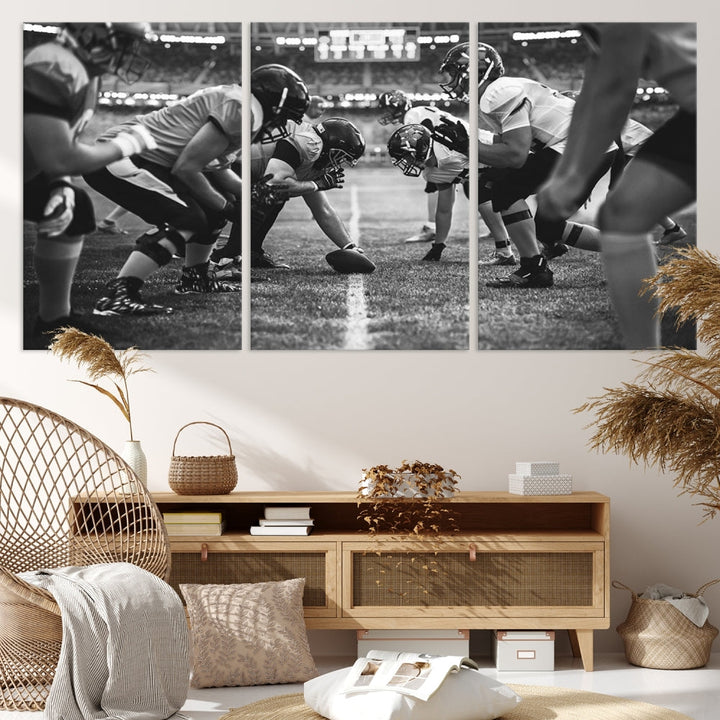 The "American Football Match Wall Art Canvas Print," featuring a black and white photo of a football game, is displayed as a triptych. This artwork is printed on museum-quality canvases and protected with a UV-coating.