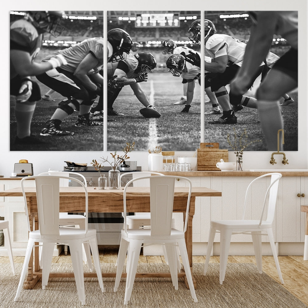 The "American Football Match Wall Art Canvas Print," featuring a black and white photo of a football game, is displayed as a triptych. This artwork is printed on museum-quality canvases and protected with a UV-coating.