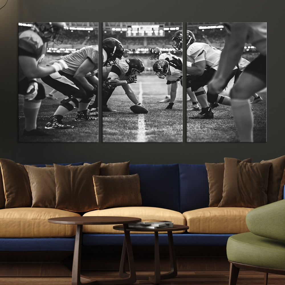 The "American Football Match Wall Art Canvas Print," featuring a black and white photo of a football game, is displayed as a triptych. This artwork is printed on museum-quality canvases and protected with a UV-coating.