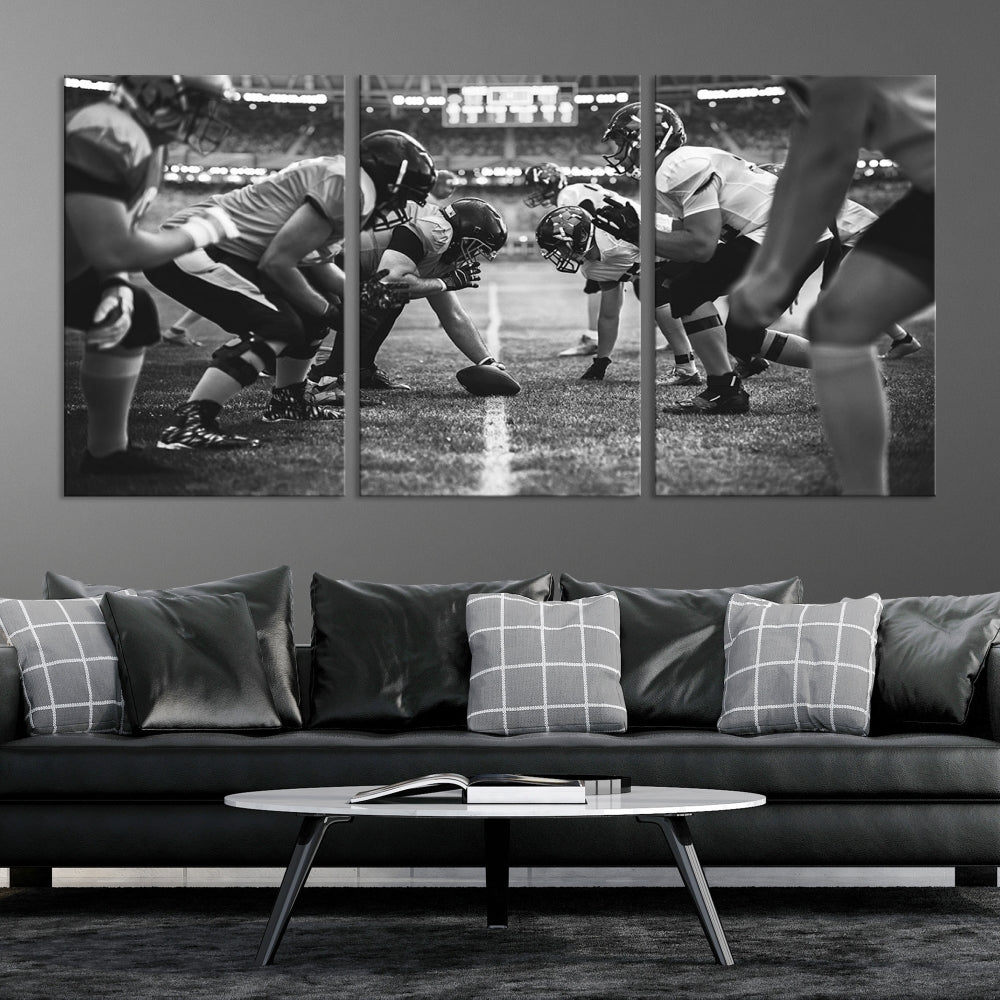 The "American Football Match Wall Art Canvas Print," featuring a black and white photo of a football game, is displayed as a triptych. This artwork is printed on museum-quality canvases and protected with a UV-coating.