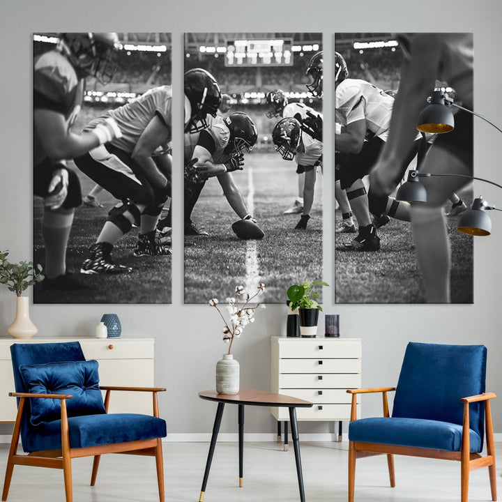 The "American Football Match Wall Art Canvas Print," featuring a black and white photo of a football game, is displayed as a triptych. This artwork is printed on museum-quality canvases and protected with a UV-coating.