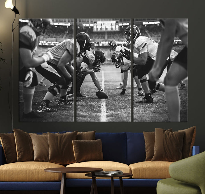 The "American Football Match Wall Art Canvas Print," featuring a black and white photo of a football game, is displayed as a triptych. This artwork is printed on museum-quality canvases and protected with a UV-coating.