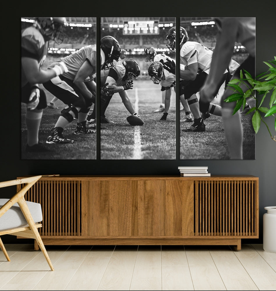 The "American Football Match Wall Art Canvas Print," featuring a black and white photo of a football game, is displayed as a triptych. This artwork is printed on museum-quality canvases and protected with a UV-coating.