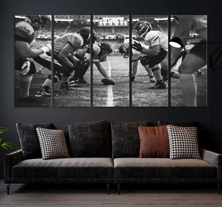 The "American Football Match Wall Art Canvas Print," featuring a black and white photo of a football game, is displayed as a triptych. This artwork is printed on museum-quality canvases and protected with a UV-coating.