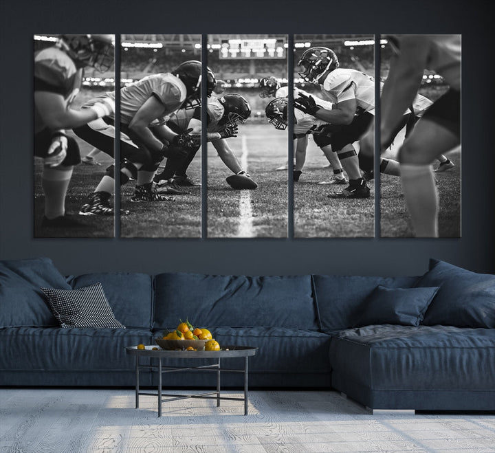 The "American Football Match Wall Art Canvas Print," featuring a black and white photo of a football game, is displayed as a triptych. This artwork is printed on museum-quality canvases and protected with a UV-coating.