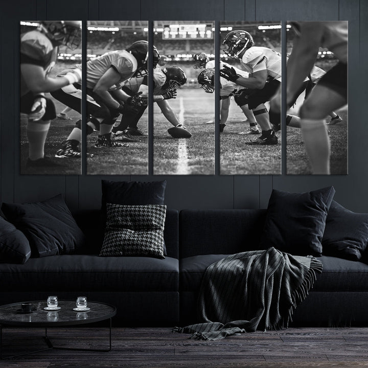 The "American Football Match Wall Art Canvas Print," featuring a black and white photo of a football game, is displayed as a triptych. This artwork is printed on museum-quality canvases and protected with a UV-coating.