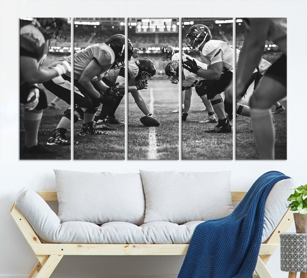 The "American Football Match Wall Art Canvas Print," featuring a black and white photo of a football game, is displayed as a triptych. This artwork is printed on museum-quality canvases and protected with a UV-coating.