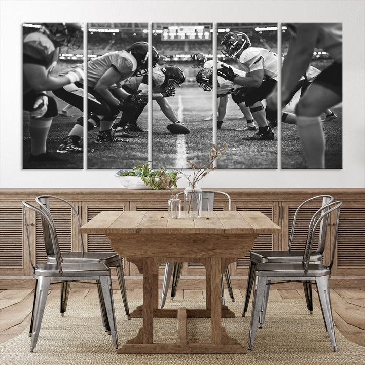 The "American Football Match Wall Art Canvas Print," featuring a black and white photo of a football game, is displayed as a triptych. This artwork is printed on museum-quality canvases and protected with a UV-coating.