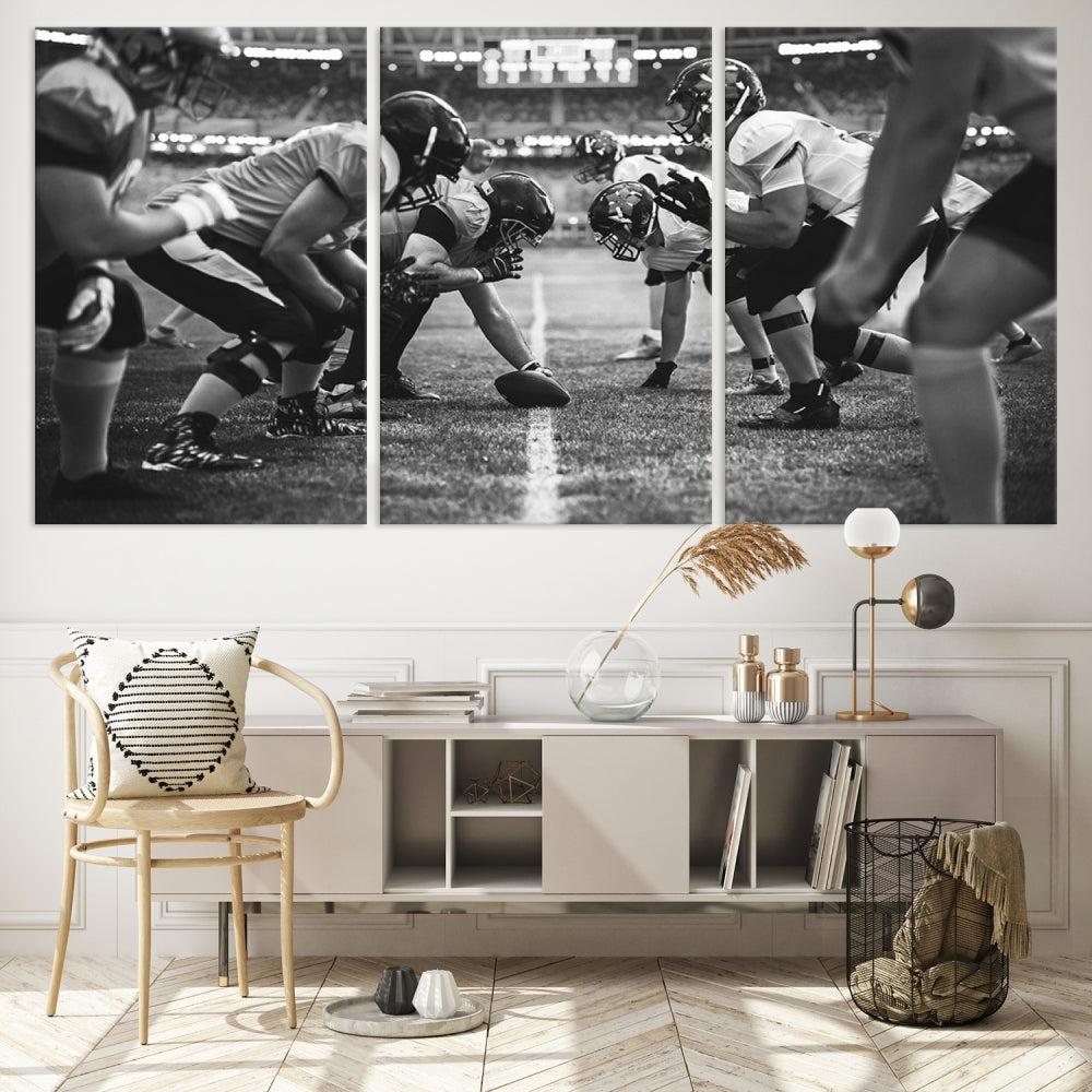 The "American Football Match Wall Art Canvas Print," featuring a black and white photo of a football game, is displayed as a triptych. This artwork is printed on museum-quality canvases and protected with a UV-coating.