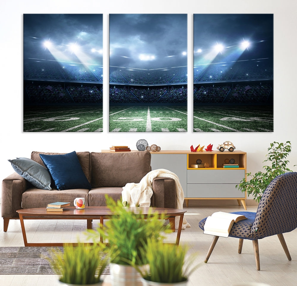 The *American Football Stadium Wall Art Canvas Print*, showcasing a lit football stadium, hangs prominently.