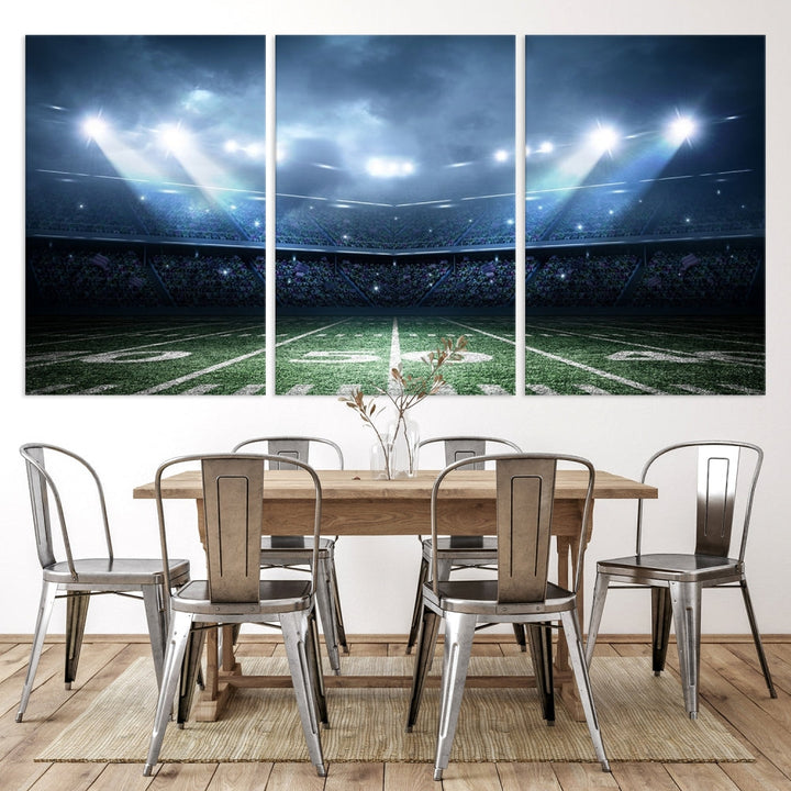 The *American Football Stadium Wall Art Canvas Print*, showcasing a lit football stadium, hangs prominently.