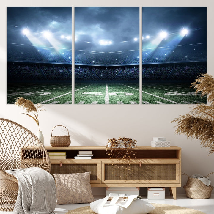 The *American Football Stadium Wall Art Canvas Print*, showcasing a lit football stadium, hangs prominently.