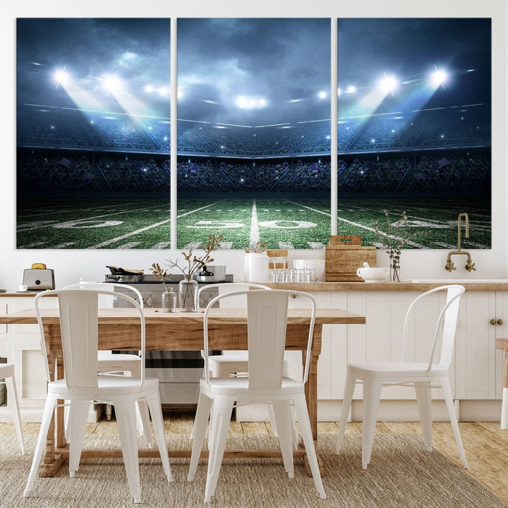 The *American Football Stadium Wall Art Canvas Print*, showcasing a lit football stadium, hangs prominently.