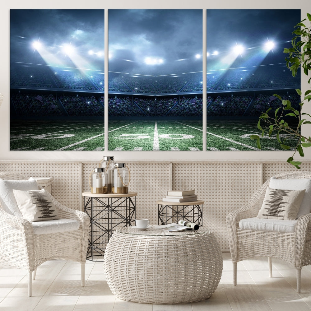 The *American Football Stadium Wall Art Canvas Print*, showcasing a lit football stadium, hangs prominently.