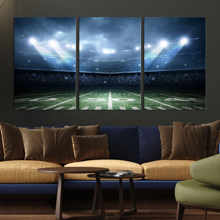 The *American Football Stadium Wall Art Canvas Print*, showcasing a lit football stadium, hangs prominently.