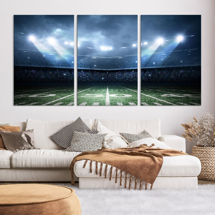 The *American Football Stadium Wall Art Canvas Print*, showcasing a lit football stadium, hangs prominently.