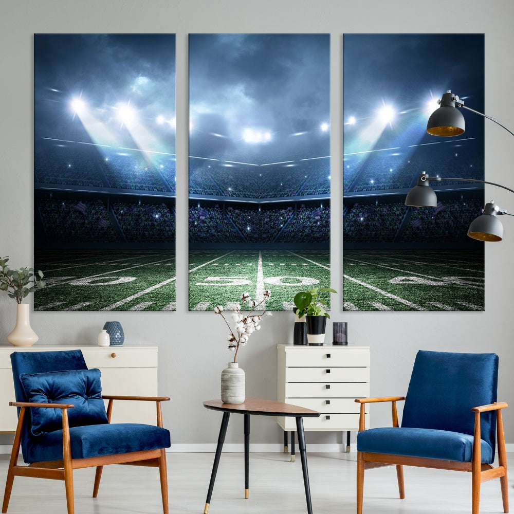 The *American Football Stadium Wall Art Canvas Print*, showcasing a lit football stadium, hangs prominently.