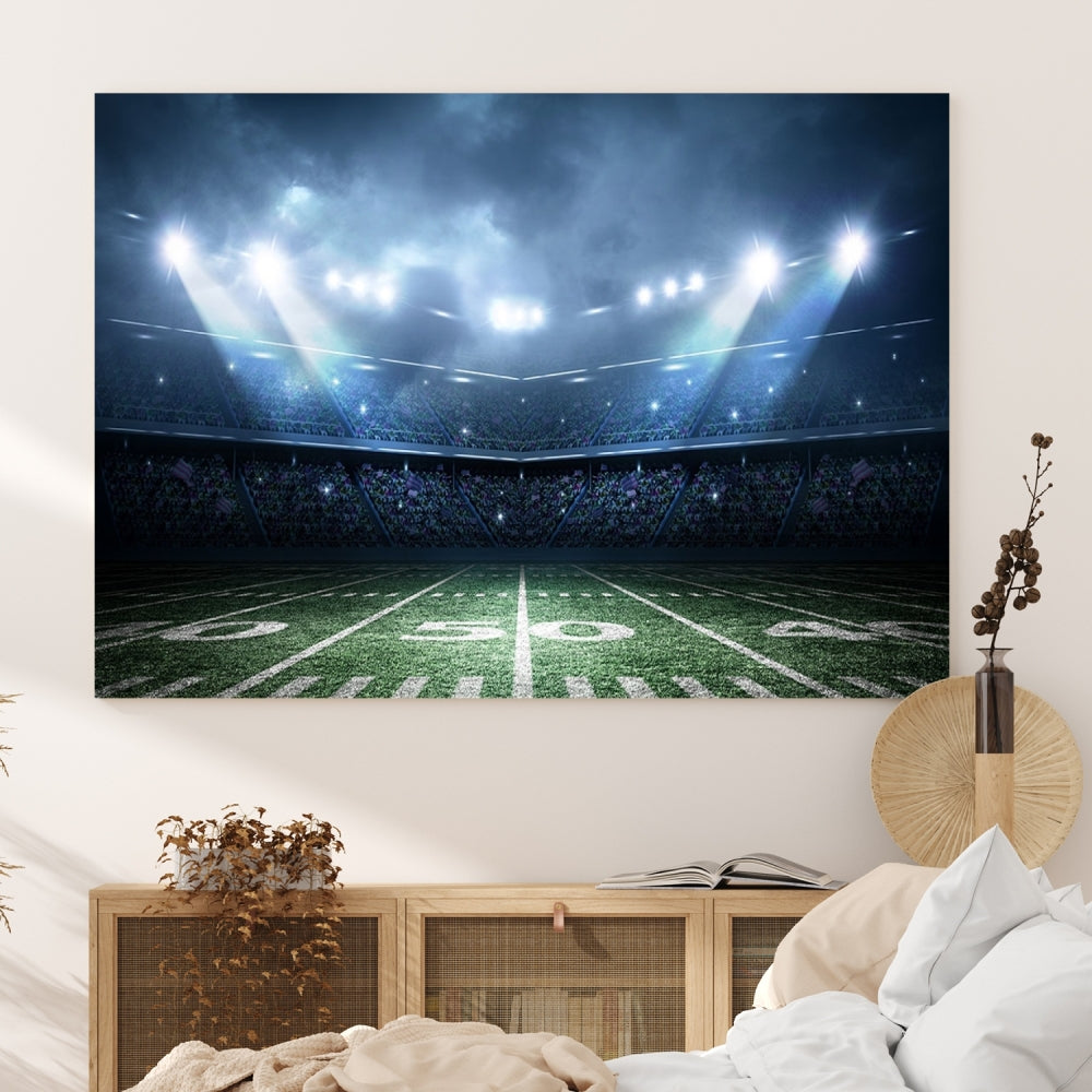 The *American Football Stadium Wall Art Canvas Print*, showcasing a lit football stadium, hangs prominently.