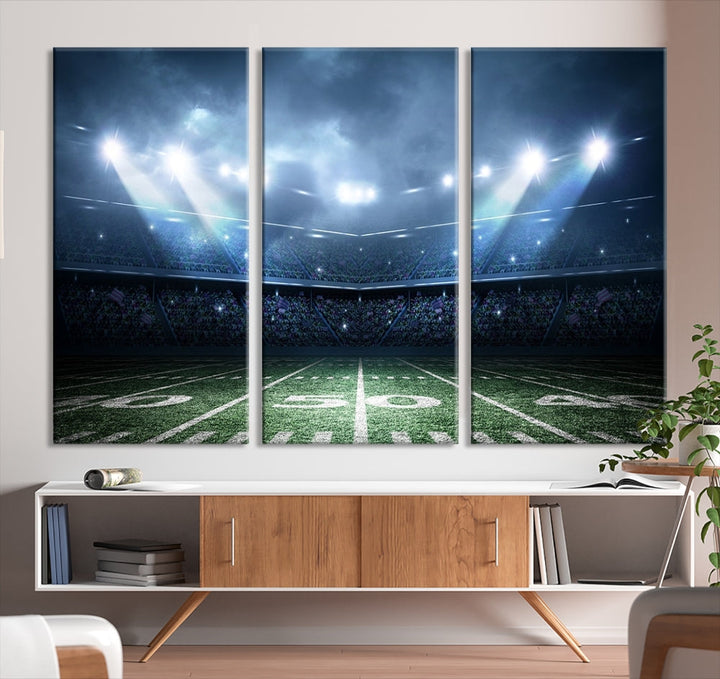 The *American Football Stadium Wall Art Canvas Print*, showcasing a lit football stadium, hangs prominently.